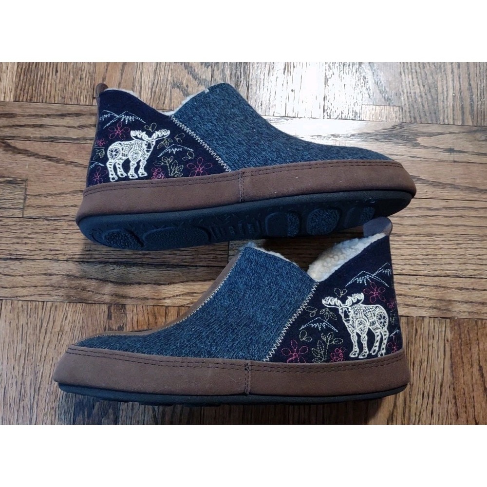 Acorn Womens Moose Embroidered Wool Slipper Boots Blue Brown Size 9.5-10.5